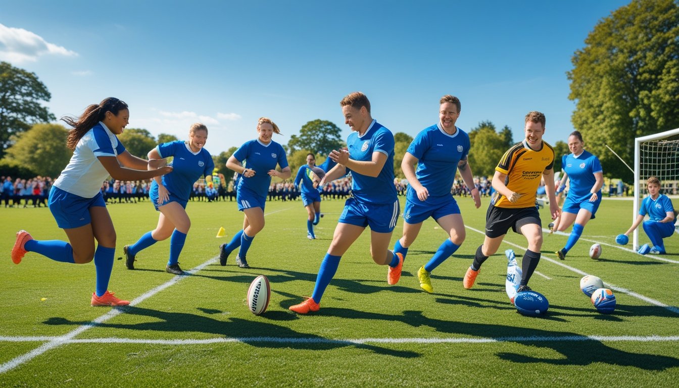 A group of people playing rugby, football, and cricket on a sunny outdoor sports field with trees and spectators in the background.