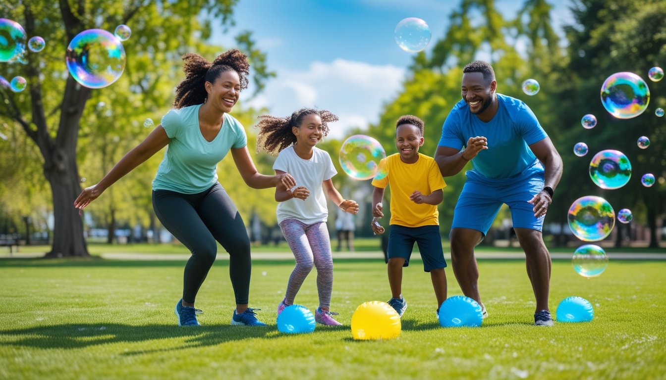 A family of four playing with large soap bubbles and inflatable bubble balls in a sunny park.