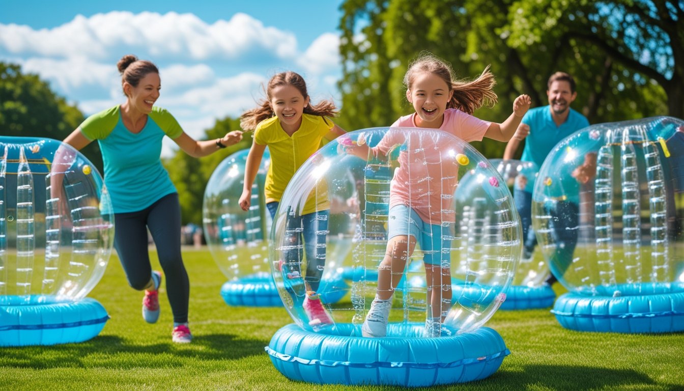 A family playing bubble soccer together outdoors in a sunny park, smiling and having fun inside large transparent inflatable bubbles.