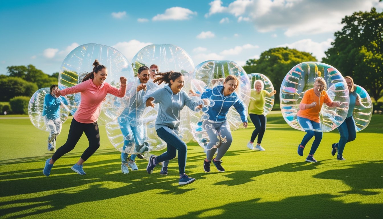 People wearing large inflatable bubbles playing and bouncing on a grassy field in a park.