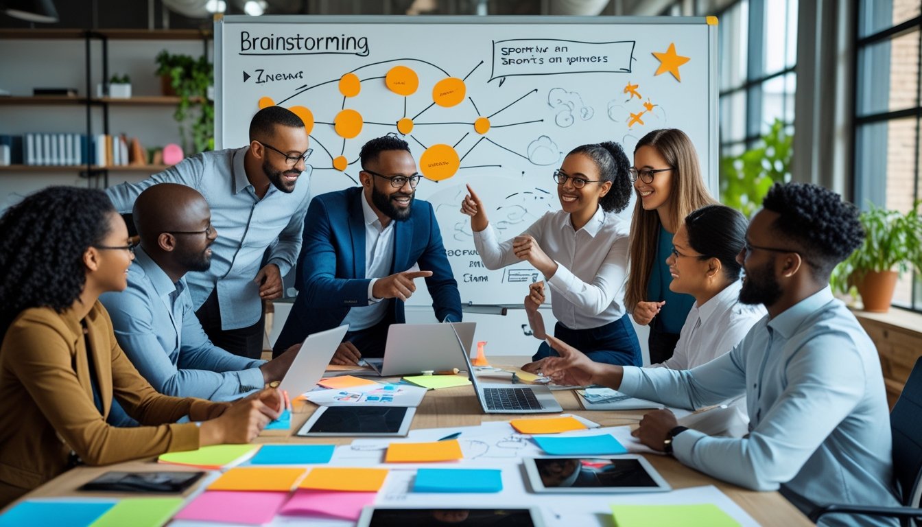 A diverse team of people working together around a table covered with sketches and laptops, discussing creative sports ideas in a bright office.