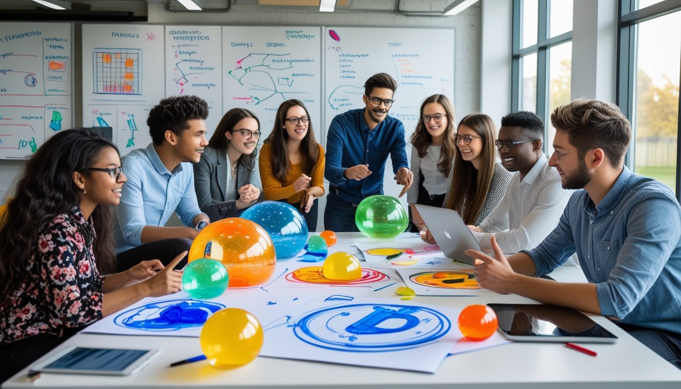 A group of young adults collaborating around a table with sketches and models of bubble sports equipment in a bright office.