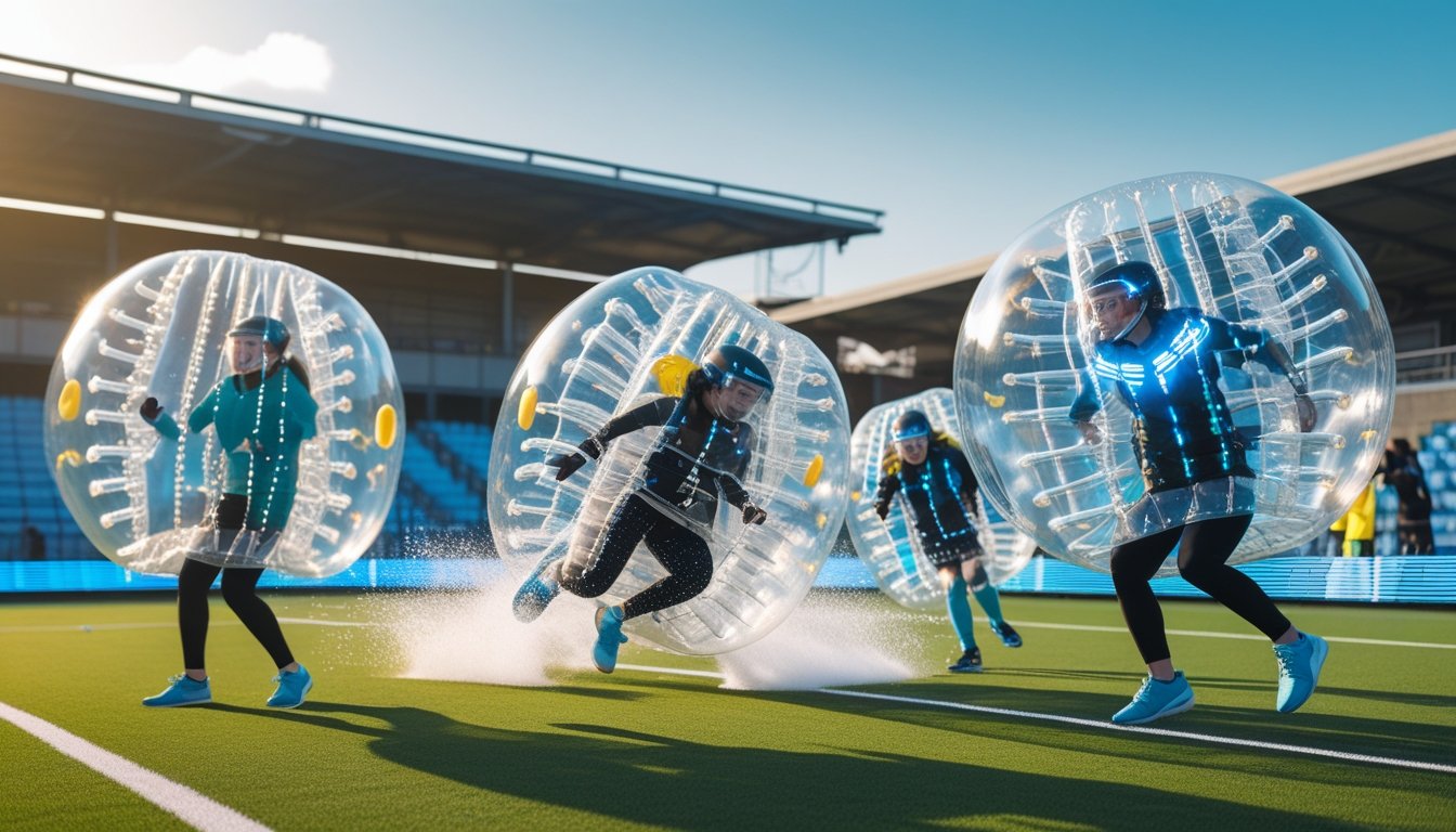 Athletes playing bubble sports outdoors wearing advanced transparent inflatable suits with glowing accents, colliding safely on a grassy field under a clear sky.