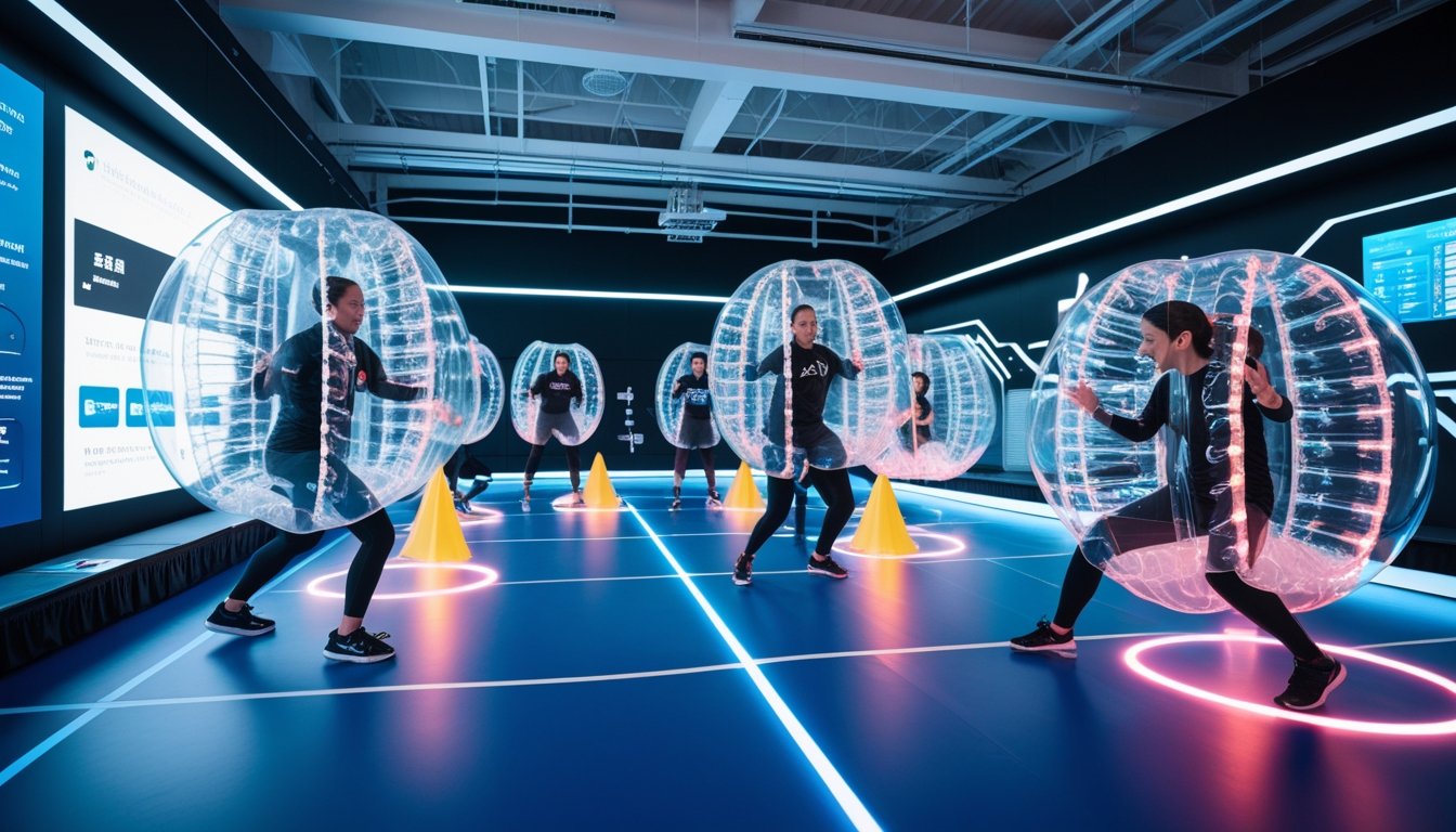 Athletes wearing advanced transparent inflatable bubble suits playing in a modern sports facility with futuristic equipment and technology visible in the background.