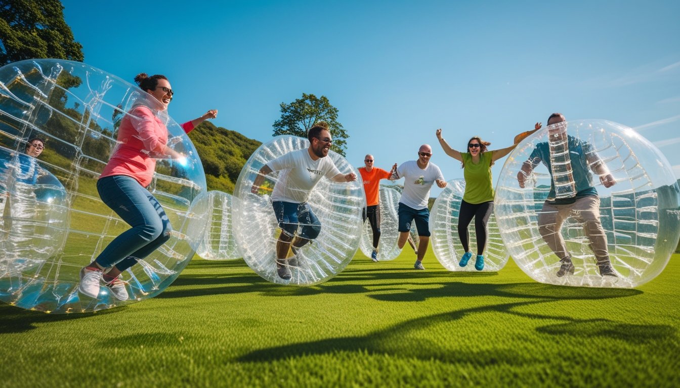 A group of adults playing bubble soccer outdoors on a green field, each inside large transparent inflatable bubbles, enjoying the activity under clear skies.