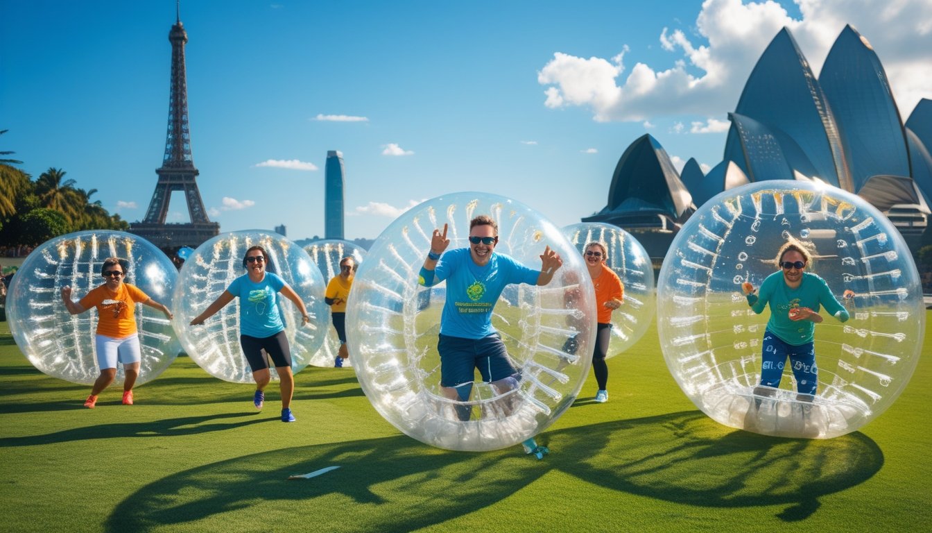 People enjoying bubble sports in inflatable bubbles at various outdoor locations around the world with famous landmarks in the background.