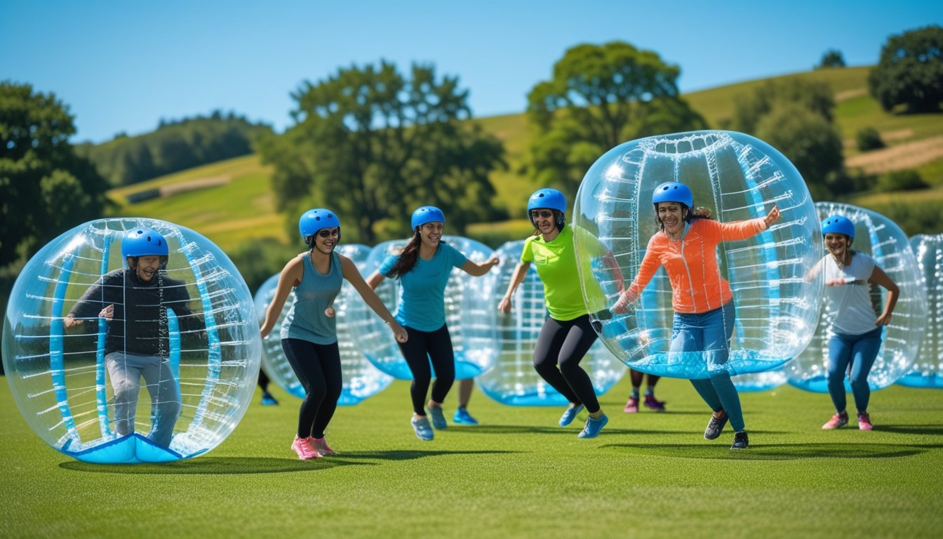 A group of people enjoying bubble sports outdoors on a grassy field with trees and hills in the background.