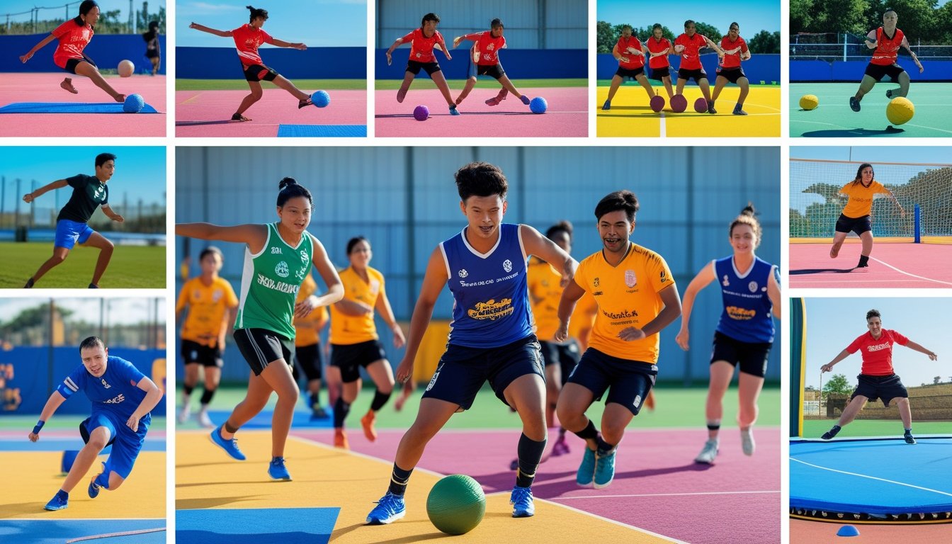 Athletes from different regions playing unusual team sports outdoors, including acrobatic ball games, tag-based sport, and football variations, showing teamwork and cultural diversity.