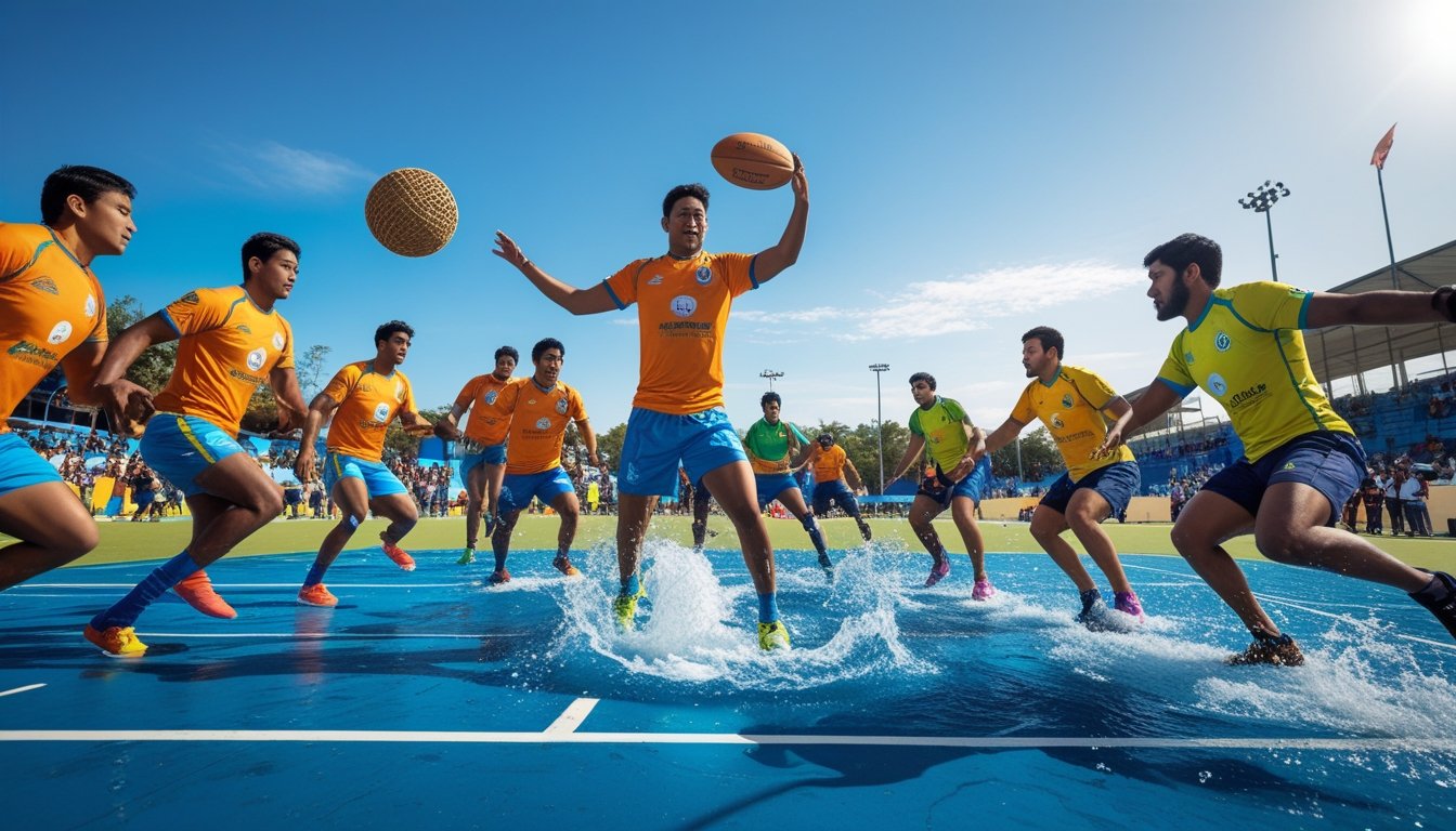 A group of athletes playing various unusual team sports from different countries in an outdoor sports arena.