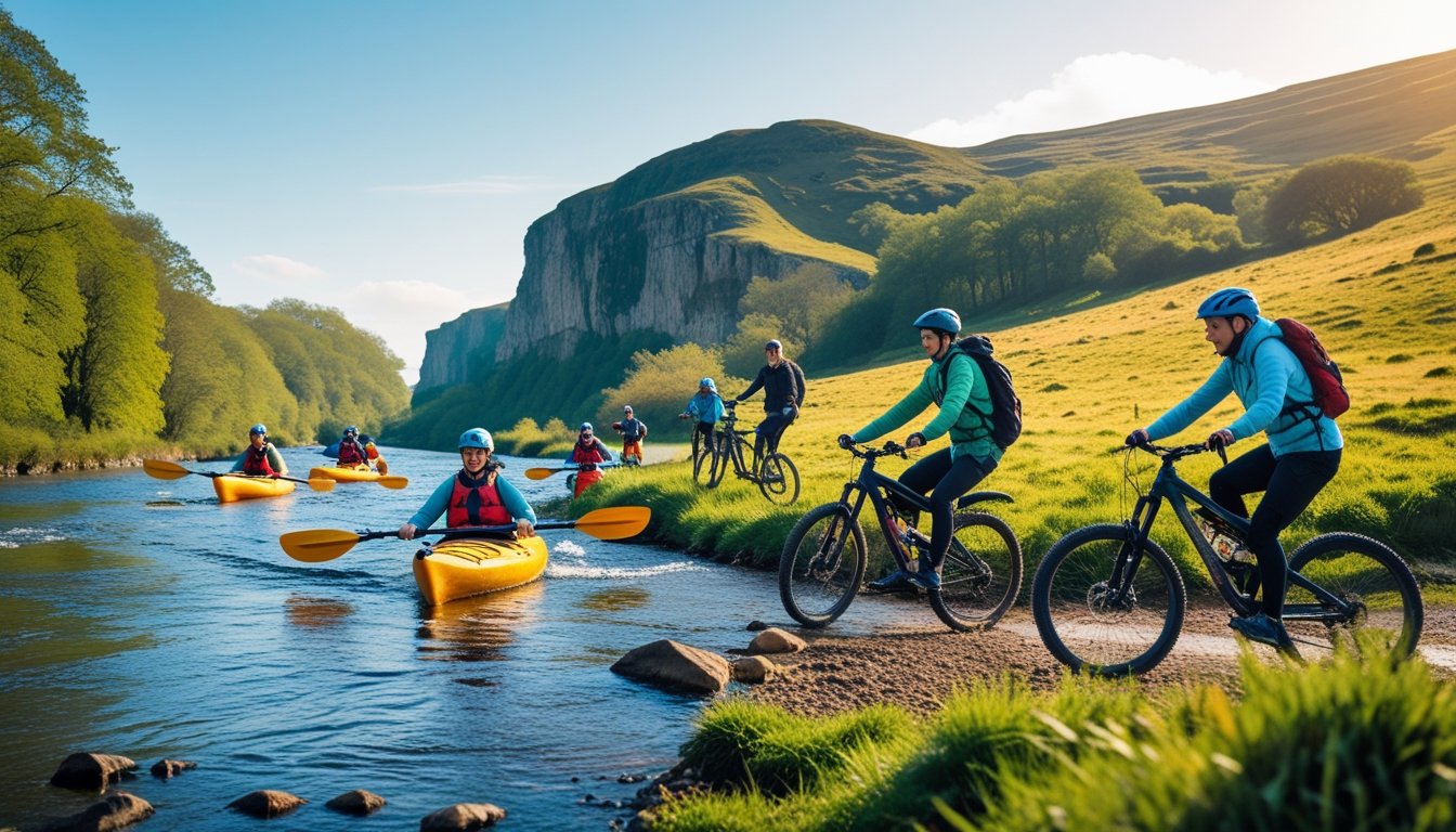 People kayaking, rock climbing, and mountain biking in various scenic outdoor locations across the British countryside.