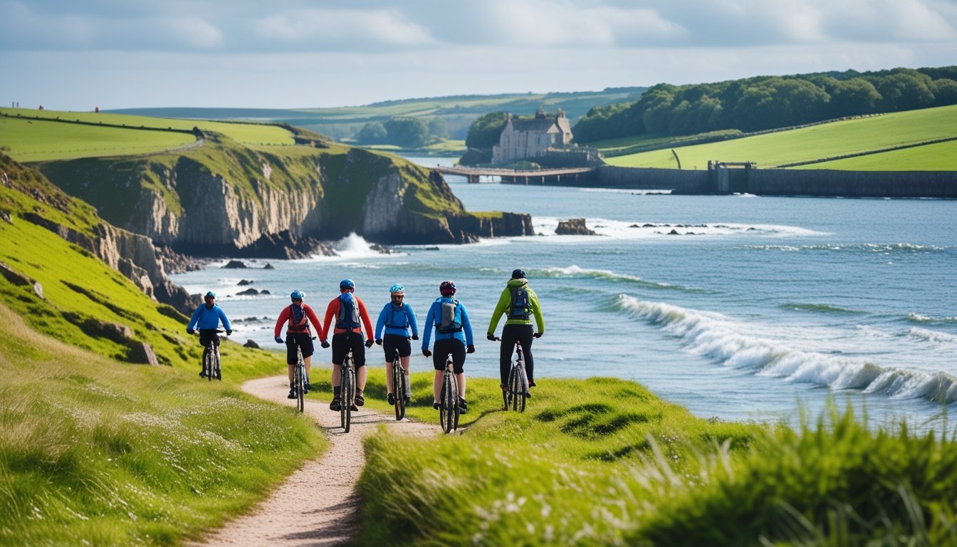 People enjoying various outdoor sports like coasteering, mountain biking, and paddleboarding in a scenic UK countryside setting with hills, water, and coastal cliffs.