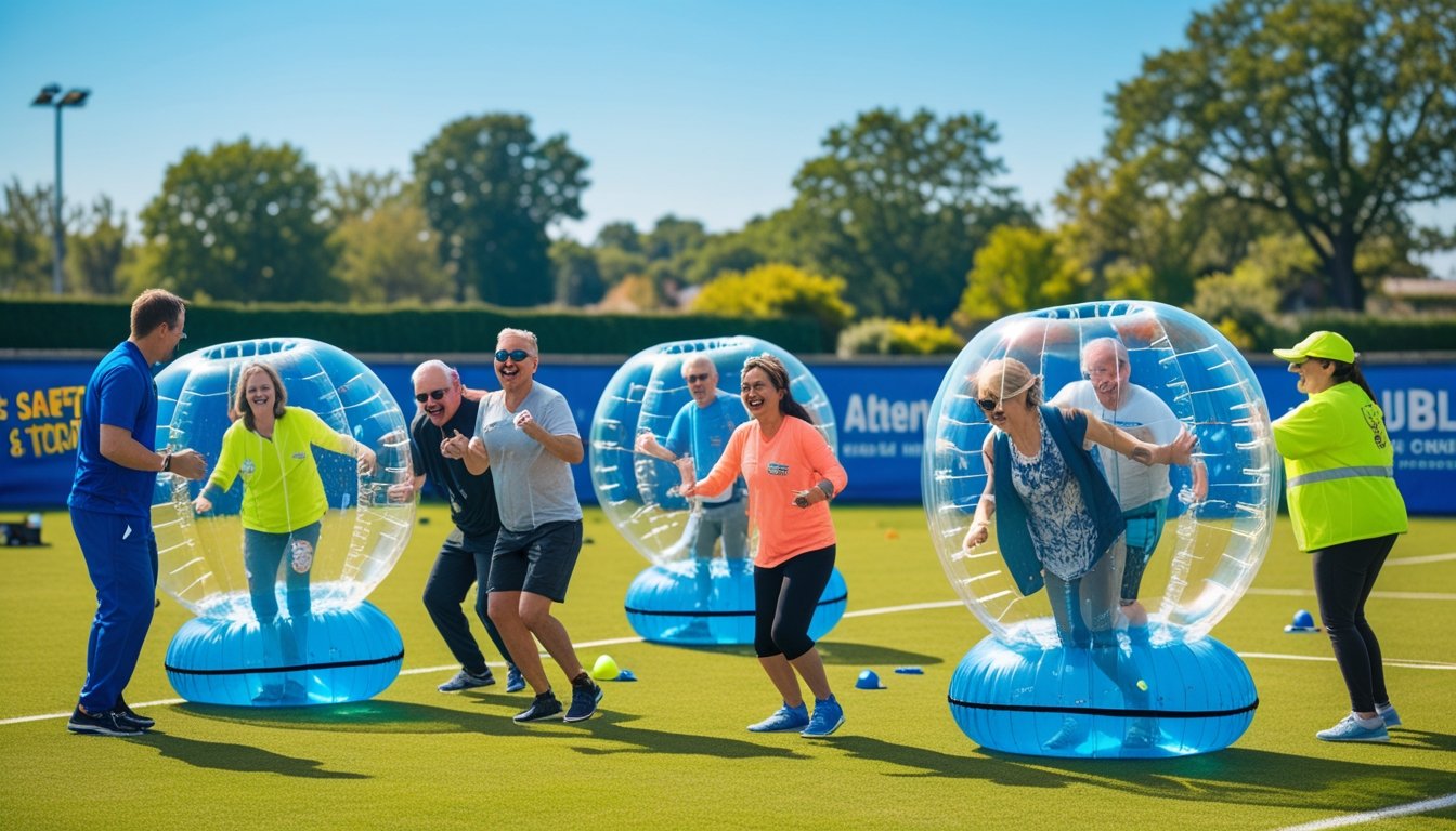 A group of people outdoors wearing large inflatable bubbles, playing non-football bubble sports on a grassy field with safety staff nearby.