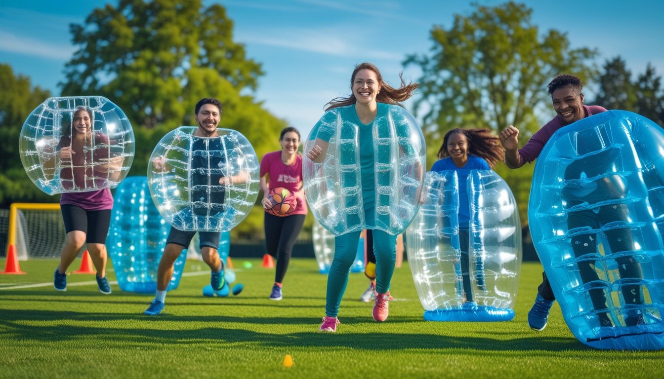 People wearing inflatable bubble suits playing various bubble sports outdoors in a green park on a sunny day.