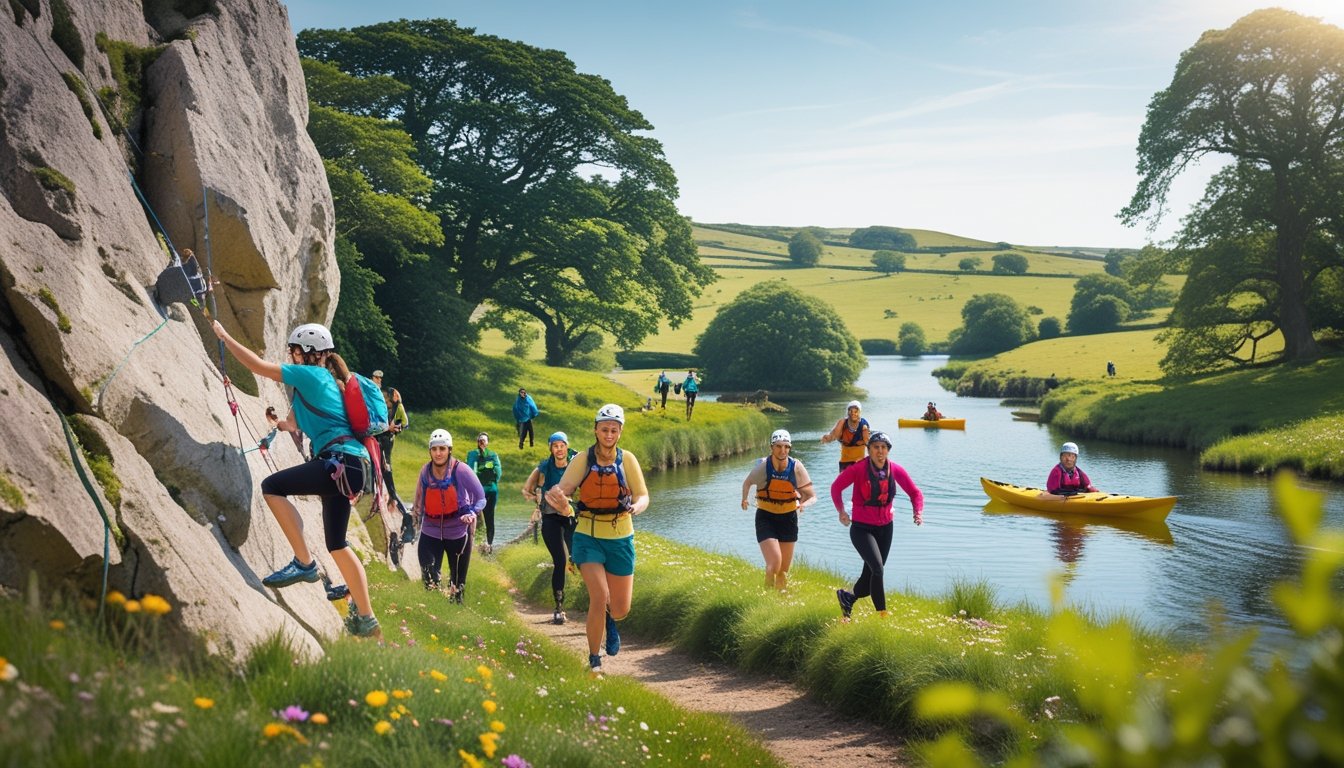 People enjoying various outdoor sports like rock climbing, kayaking, and trail running in a scenic UK countryside setting.