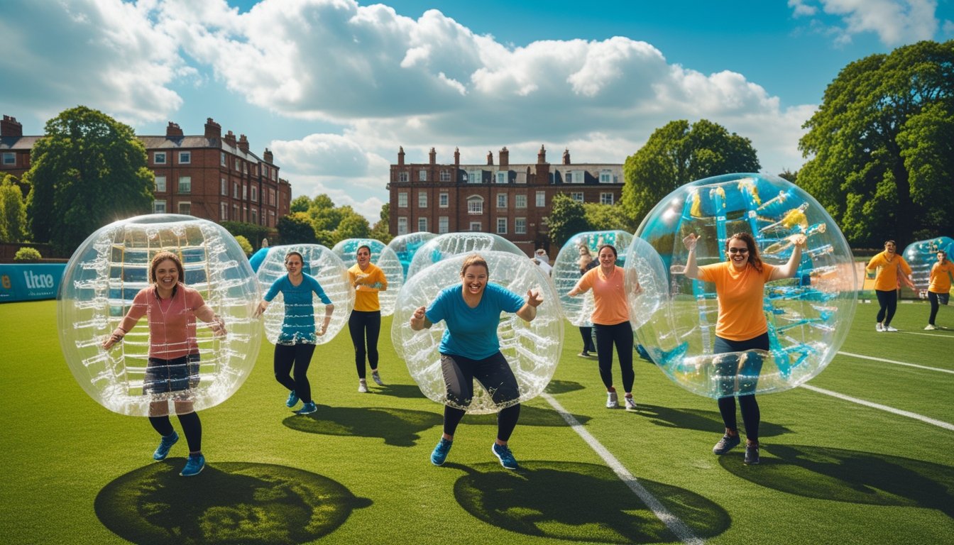 People playing different bubble sports outdoors on a green field in the UK, inside large transparent inflatable bubbles, with buildings and trees in the background.