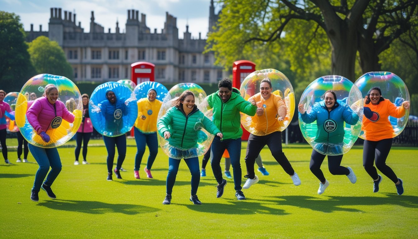 A group of people in inflatable bubble suits playing a unique bubble sport in a green park with British landmarks in the background.