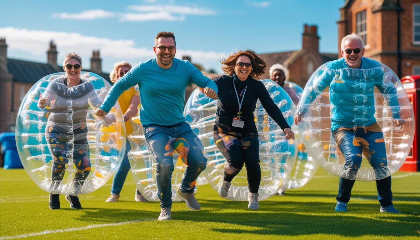 A group of people playing bubble sports outdoors on a green field with clear skies and UK landmarks in the background.