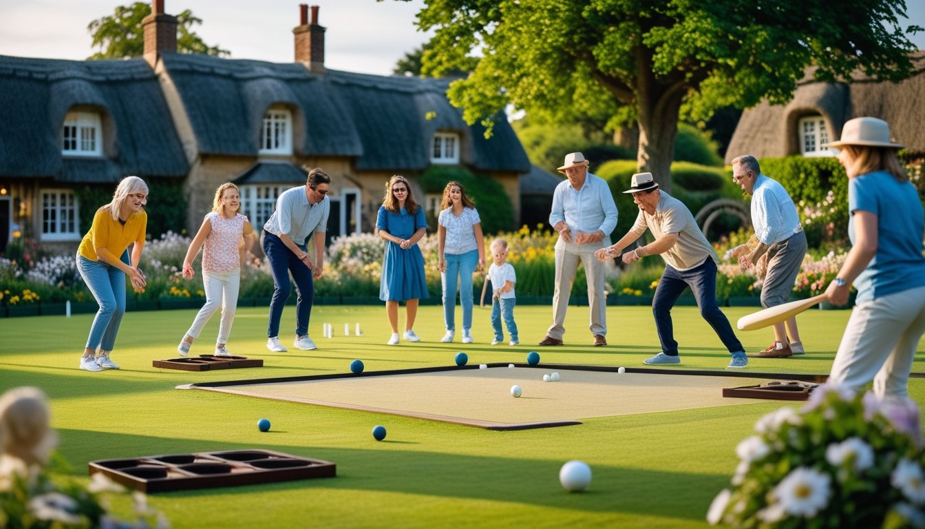 People of various ages playing traditional British outdoor games like cricket, lawn bowls, and quoits on a green village common surrounded by cottages and trees.