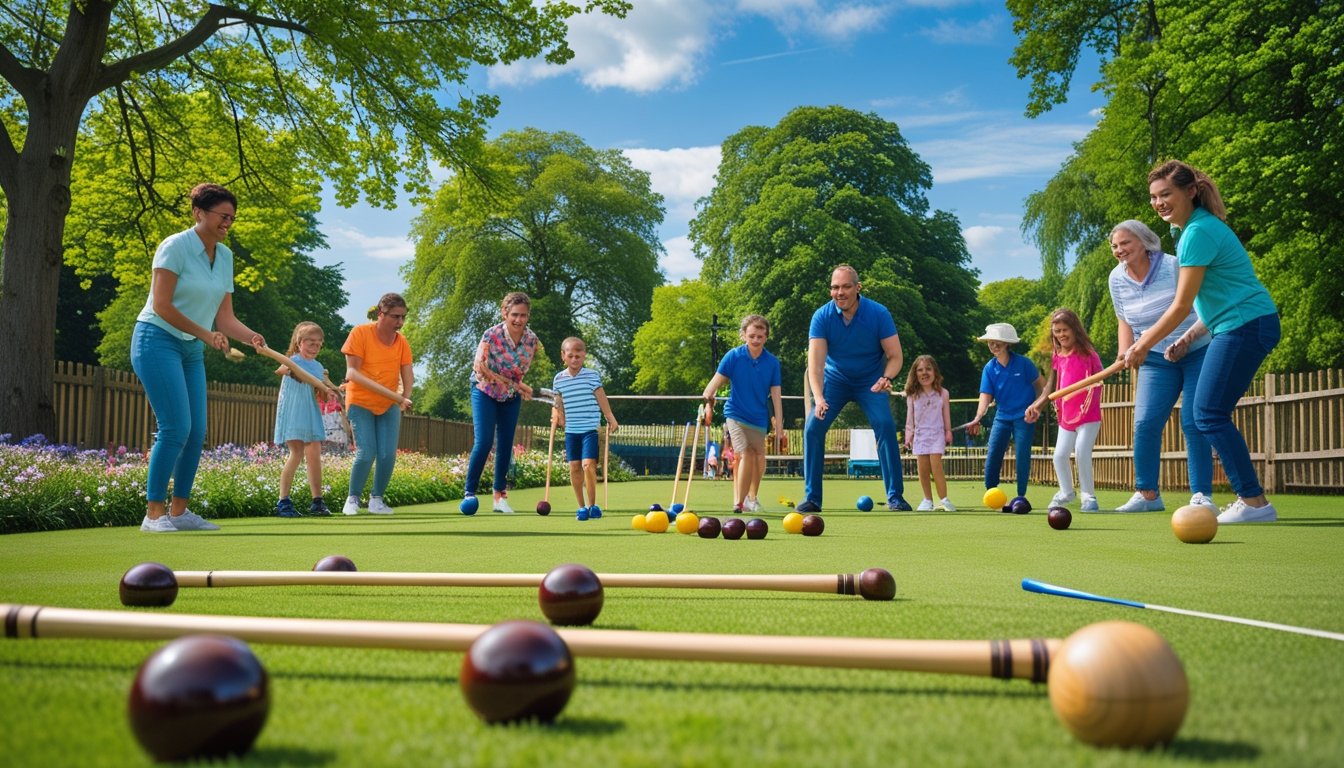 People of different ages playing traditional British outdoor games like croquet, lawn bowls, and rounders in a sunny park with green grass and trees.
