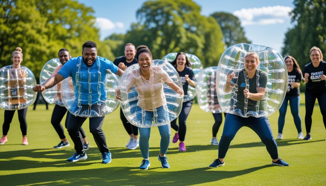 A group of adults outdoors wearing inflatable bubble suits, playing and laughing together during a team building activity in a park.