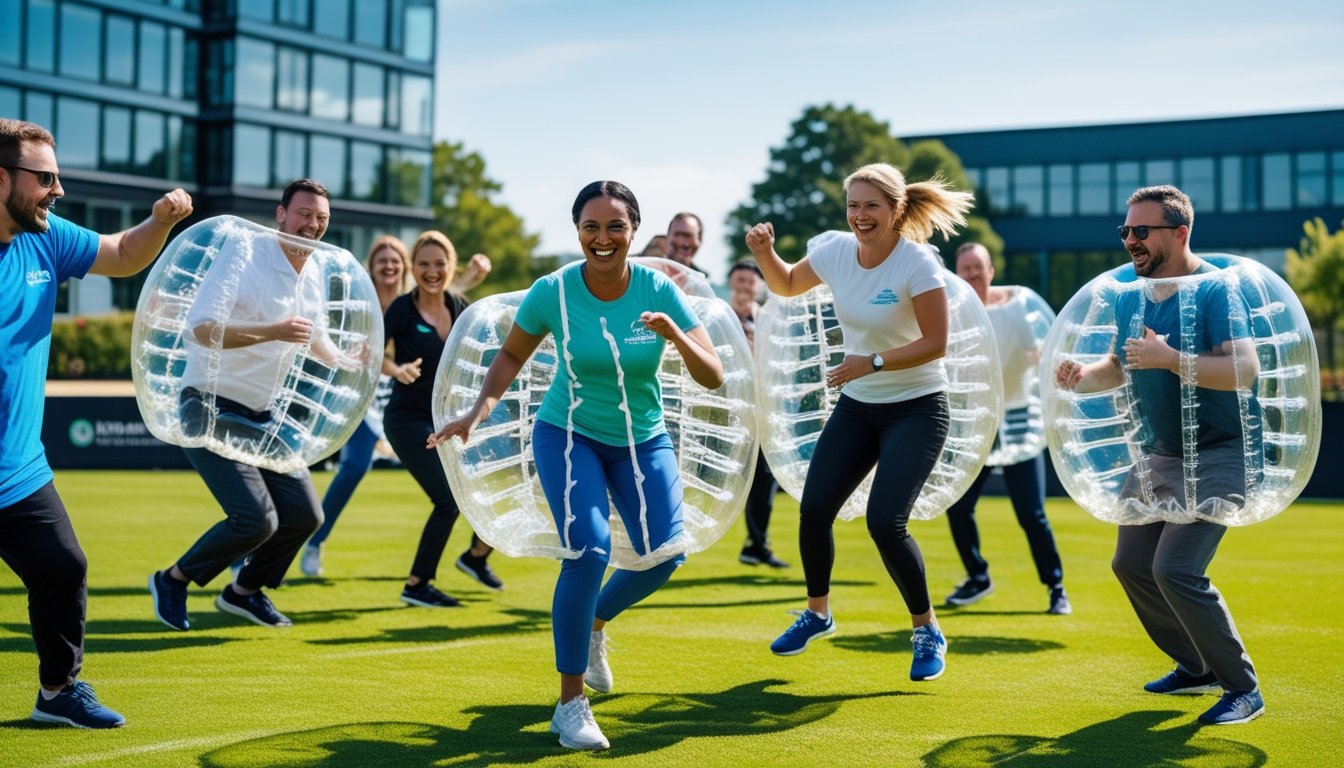 A group of adults wearing inflatable bubble suits playing a team sport on a grassy field near an office building.
