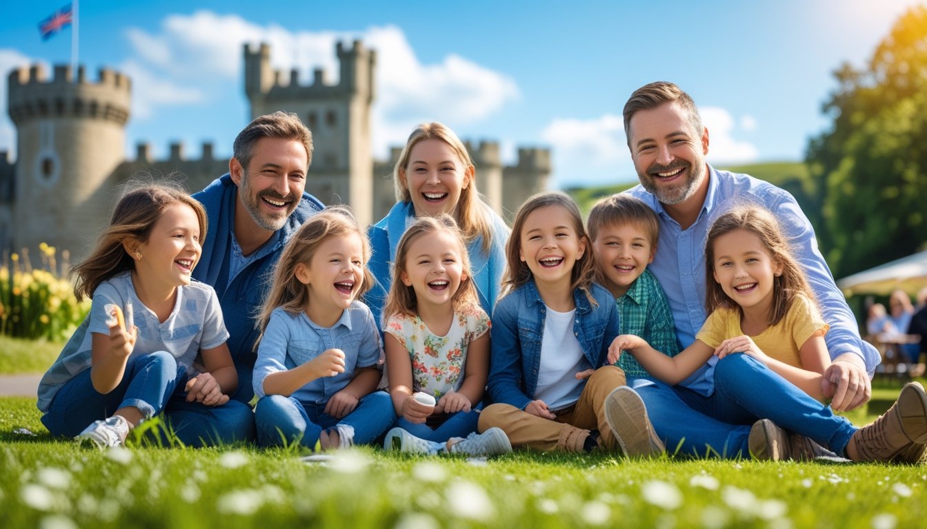 A happy family enjoying a sunny day outdoors in the UK, playing and spending quality time together near a historic landmark.