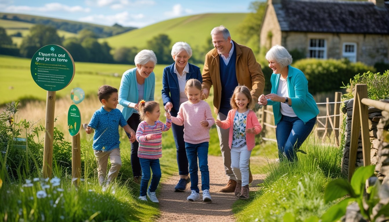 A multigenerational family exploring a nature trail with interactive signs in the British countryside on a sunny day.