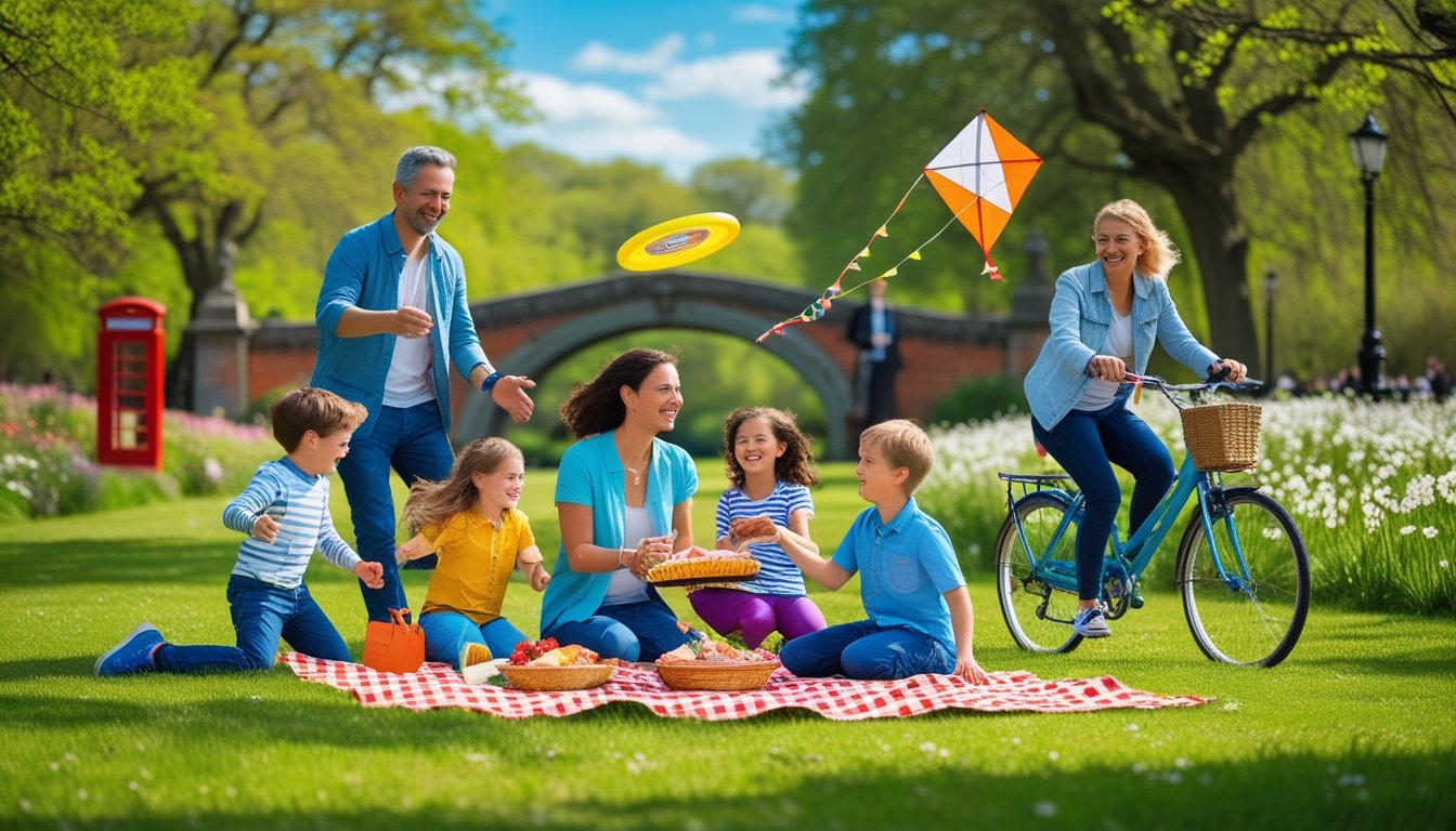 A family enjoying outdoor activities together in a green park in the UK on a sunny day.