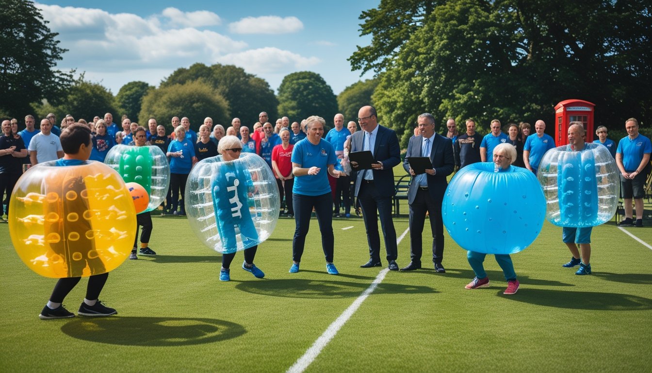 A diverse group of people playing bubble sports on a grassy field with officials observing nearby and spectators watching in the background.