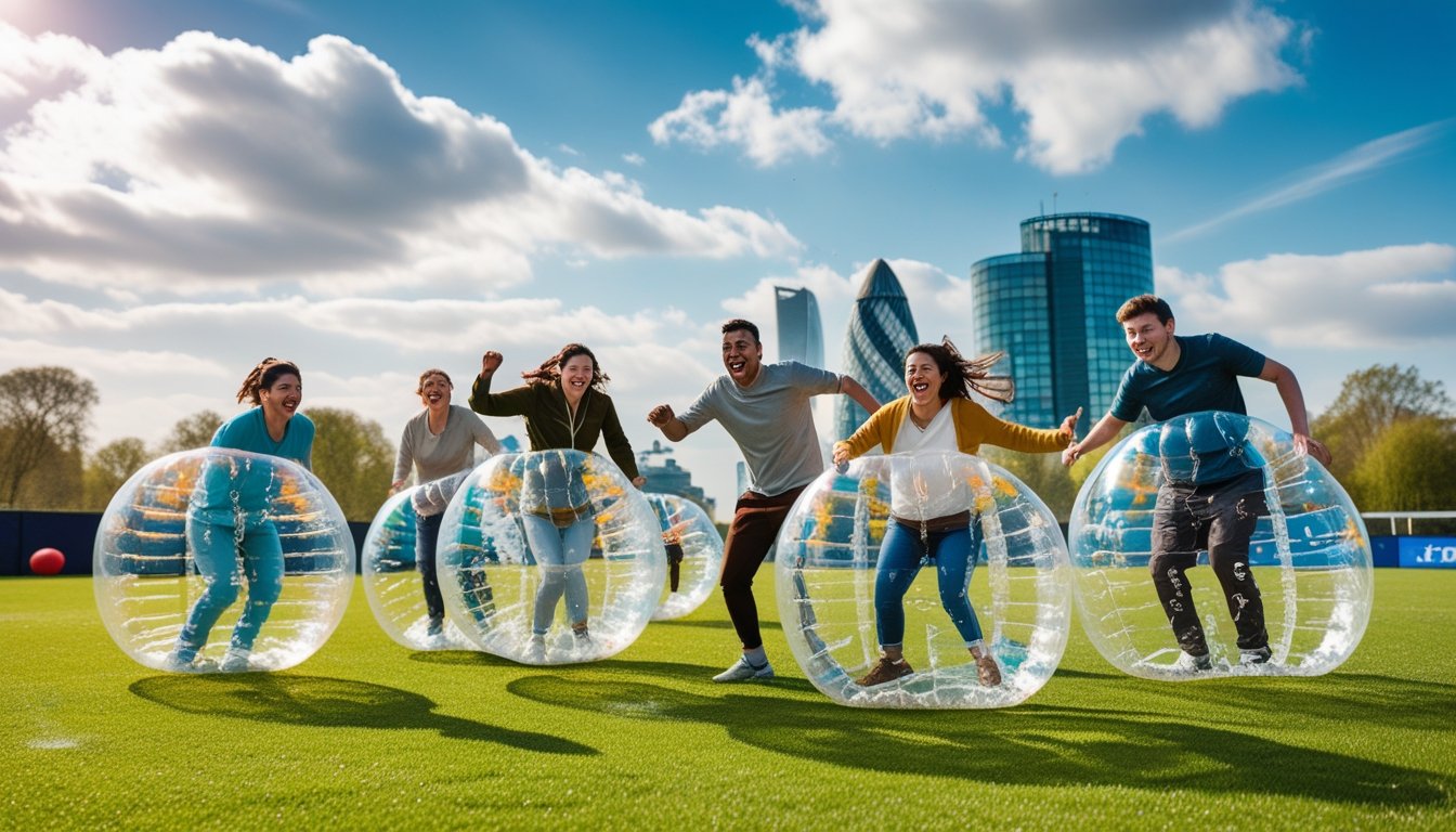 A group of people playing bubble sports on a green field with a city skyline in the background.