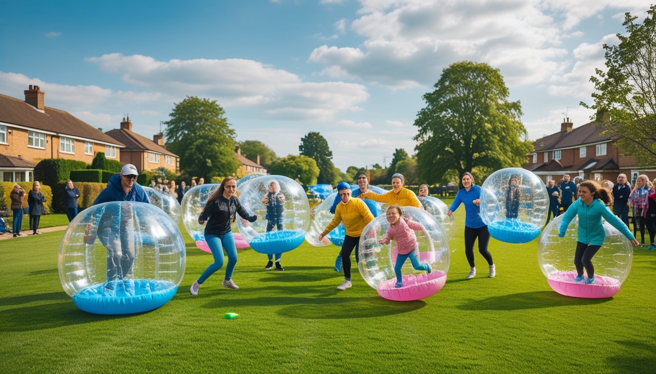 People of different ages playing bubble sports in a green community park with houses and trees in the background, enjoying a sunny day together.