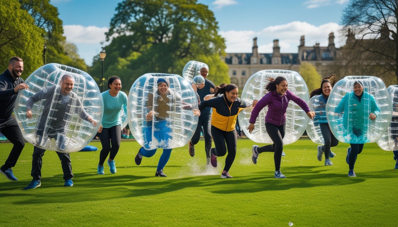 A group of diverse people wearing inflatable bubble suits playing and laughing together in a green park in the UK.