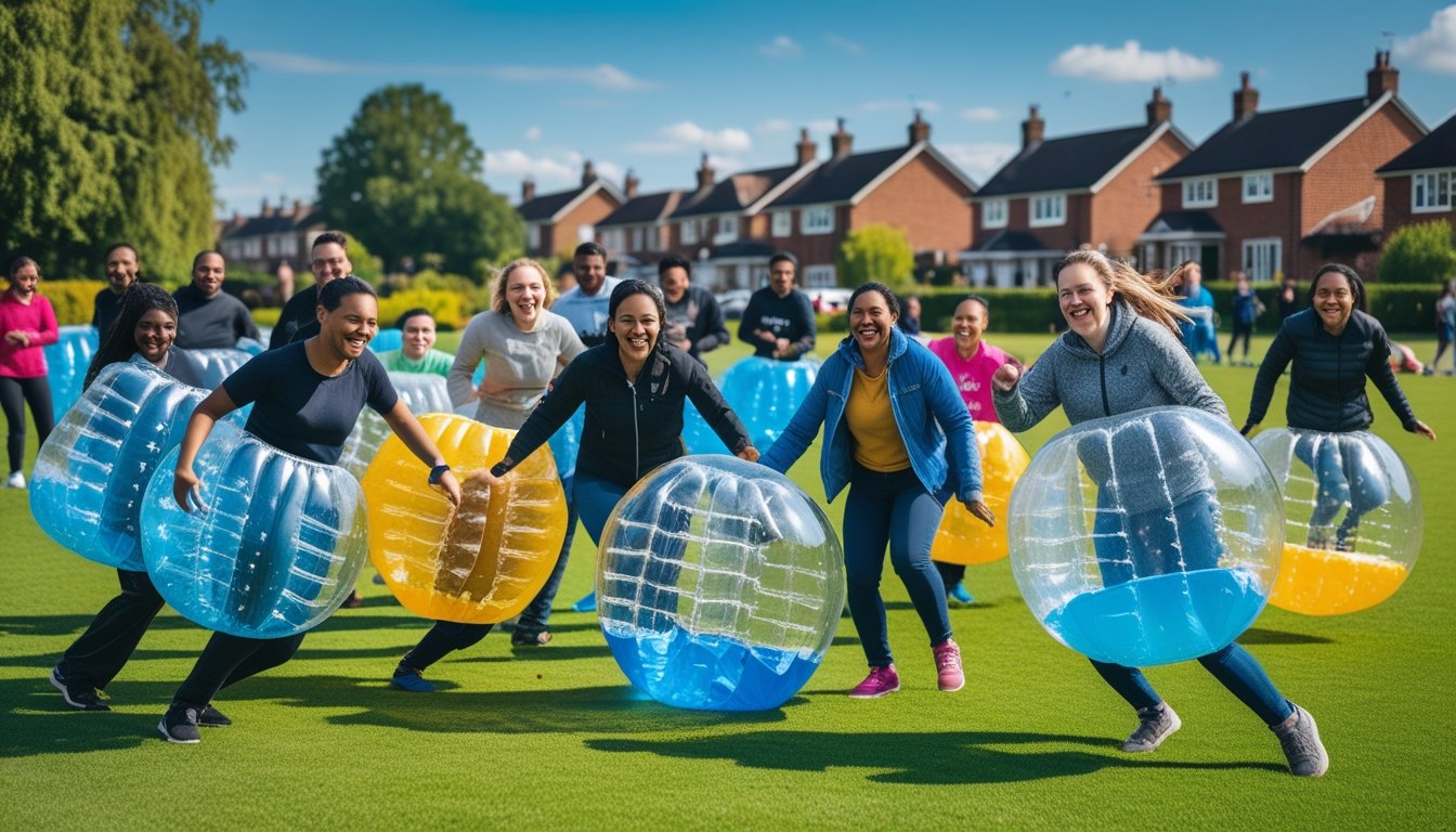 People of different ages playing bubble sports together on a green field in a UK community park, with houses and trees in the background.