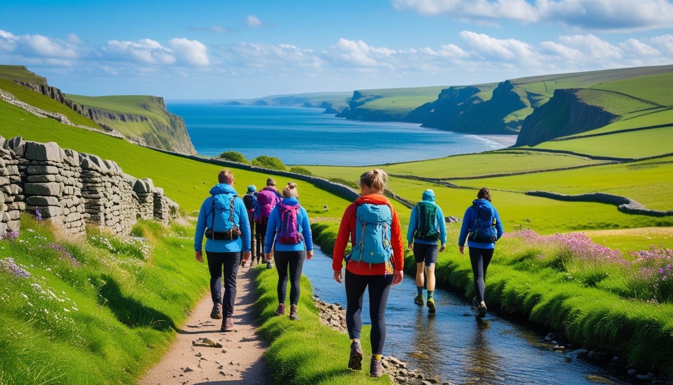 Hikers walking along a coastal path with cliffs, green hills, and a river in the UK countryside under a blue sky.