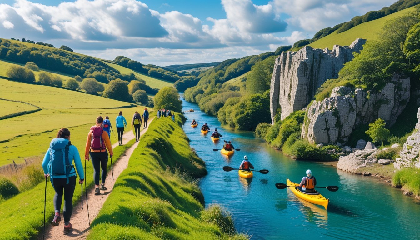 People hiking, kayaking, and rock climbing in a scenic outdoor landscape with hills, river, and cliffs in the UK.