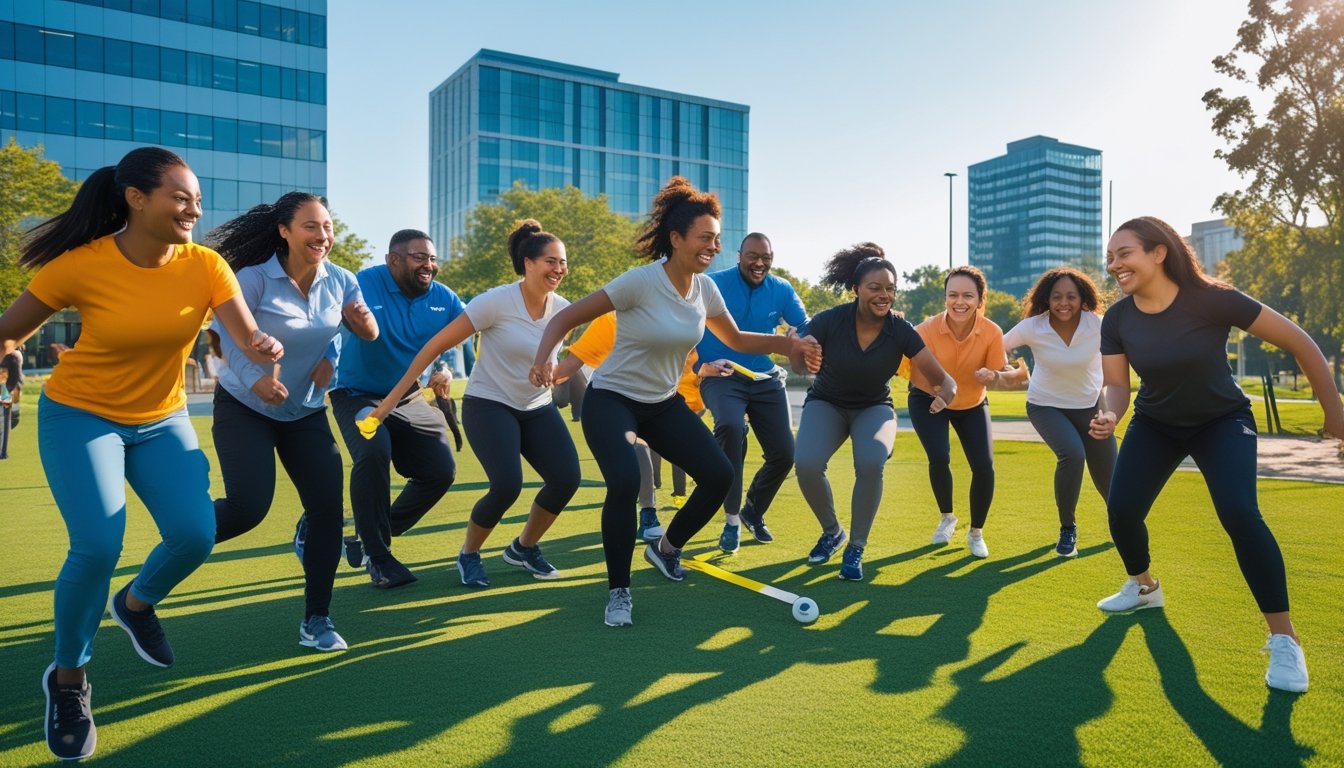 A diverse group of corporate employees playing a unique sport together outdoors, smiling and working as a team in a green park.