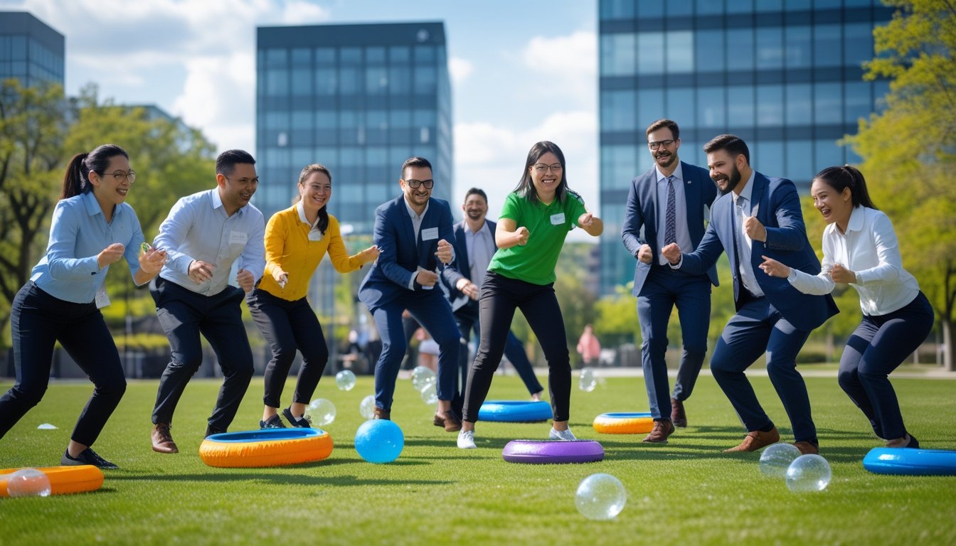 A group of corporate employees playing unique sports outdoors during a team building event, smiling and working together in a park near office buildings.