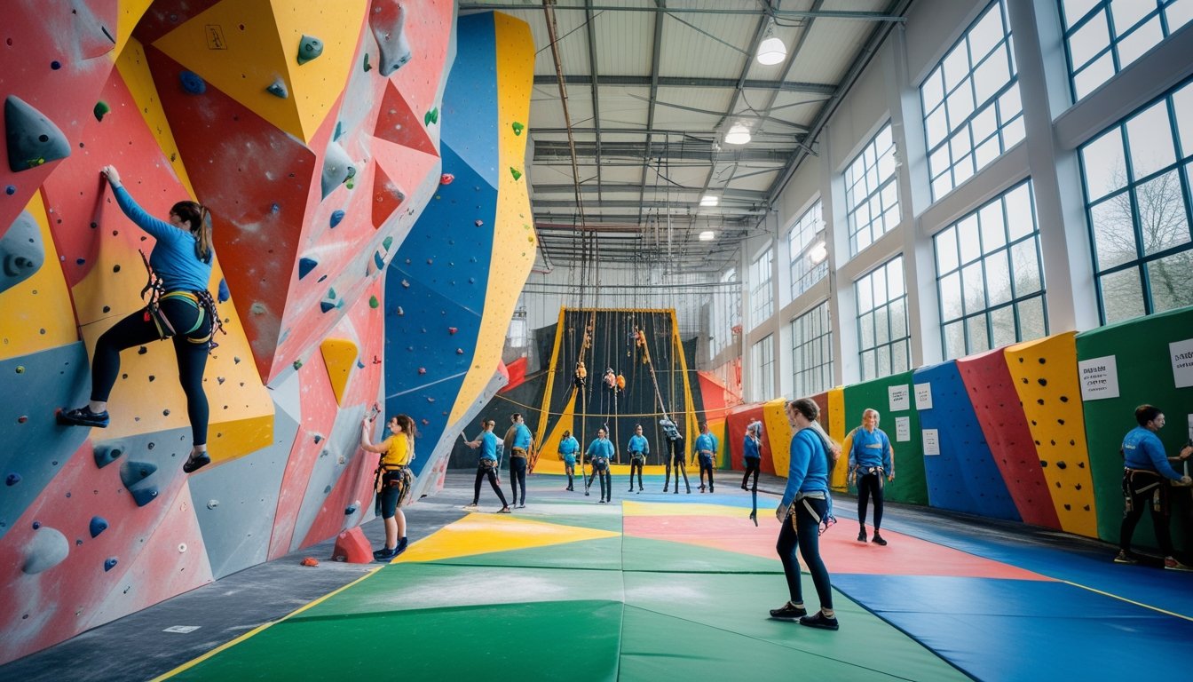 People climbing colourful indoor climbing walls and using an indoor ropes course in a large adventure sports centre.