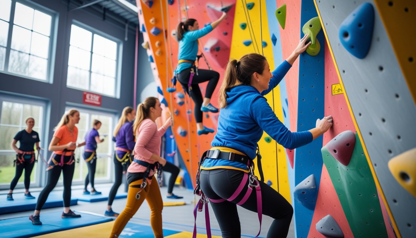 A group of adults climbing colourful walls and preparing for indoor adventure sports inside a bright climbing gym.